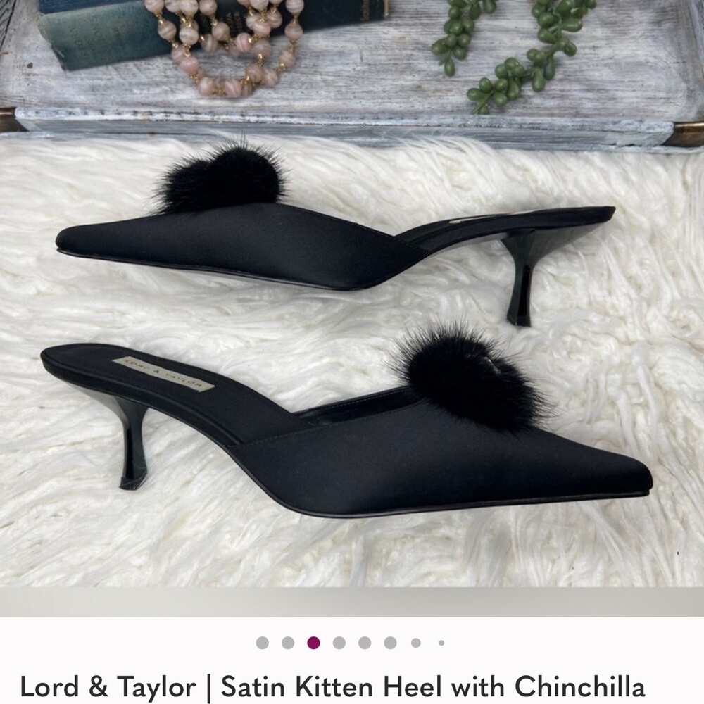 Lord & Taylor | Satin Kitten Heel with Chinchilla Fur | Black | Size 8.5